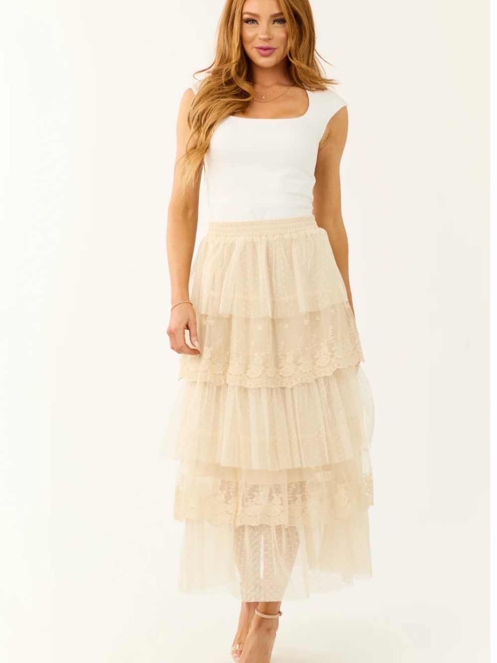 Tiered Lace & Tulle Maxi Skirt in Cream